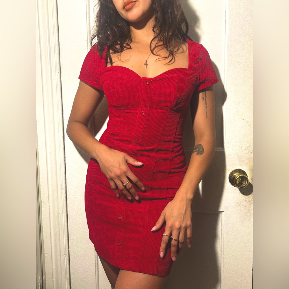Red Mini Dress with Button Detail